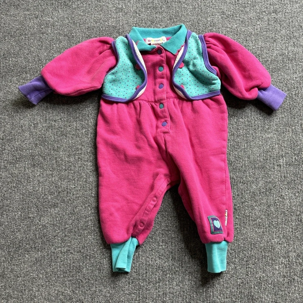 Vintage 90s Gymboree Girl Romper Pink‎ Dots Vest Purple Pink Rainbow Tag Infant